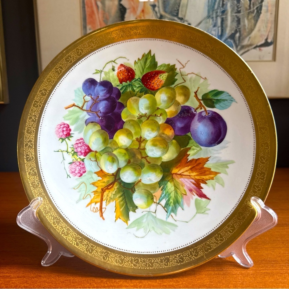 Vintage hand painted decorative plate unsigned Dresden? German ? Gold Rim